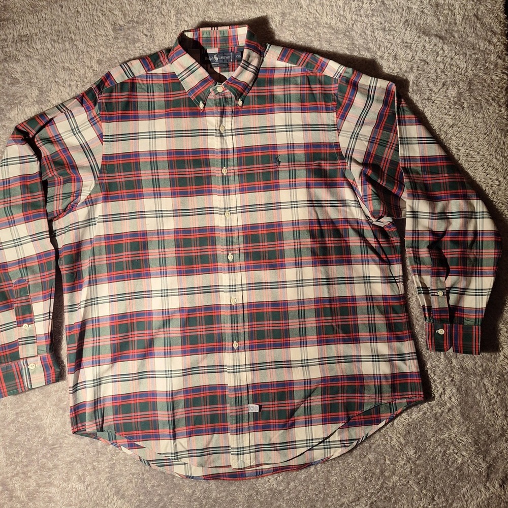 Vintage Ralph Lauren Mens XXL Button Down Shirt White Green Red Plaid Cotton 90s